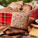 Chocolate covered graham crackers next to a cookie tin.