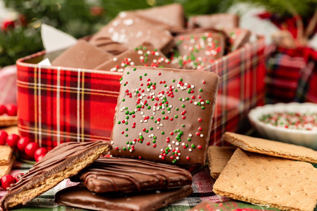 Chocolate covered graham crackers next to a cookie tin.