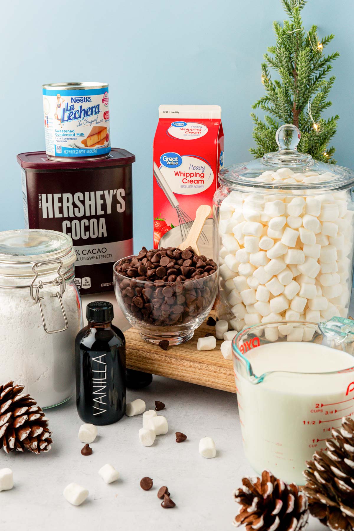 Ingredients to make hot chocolate in a slow cooker on a table.