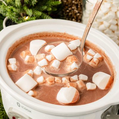 A crockpot full of hot chocolate with a ladle scooping some out.