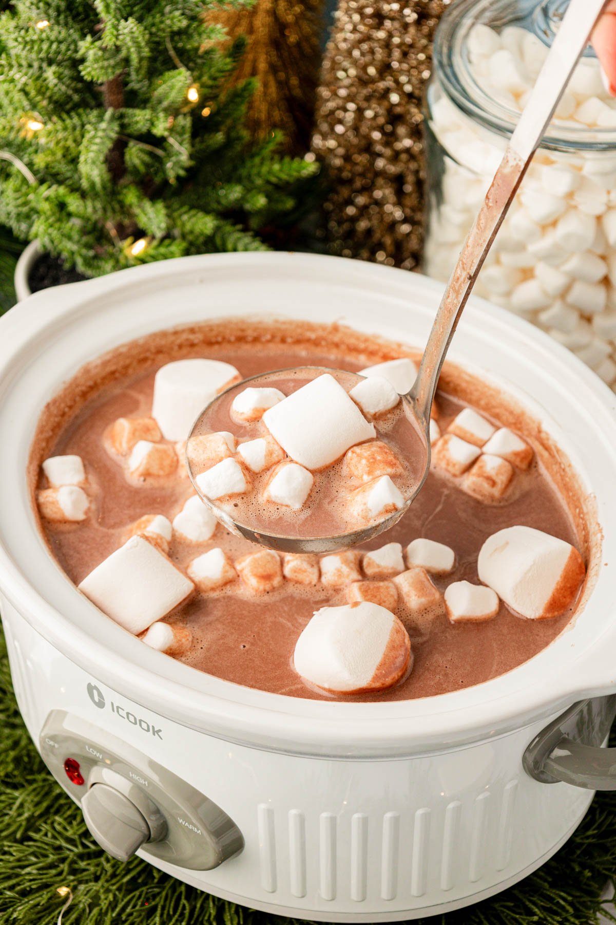 A crockpot full of hot chocolate with a ladle scooping some out.
