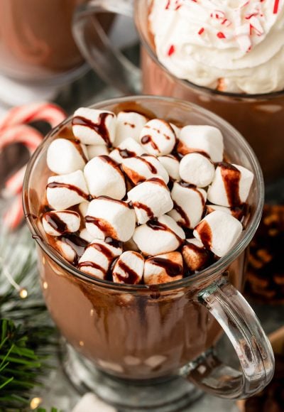 Close up of a mug of hot chocolate.