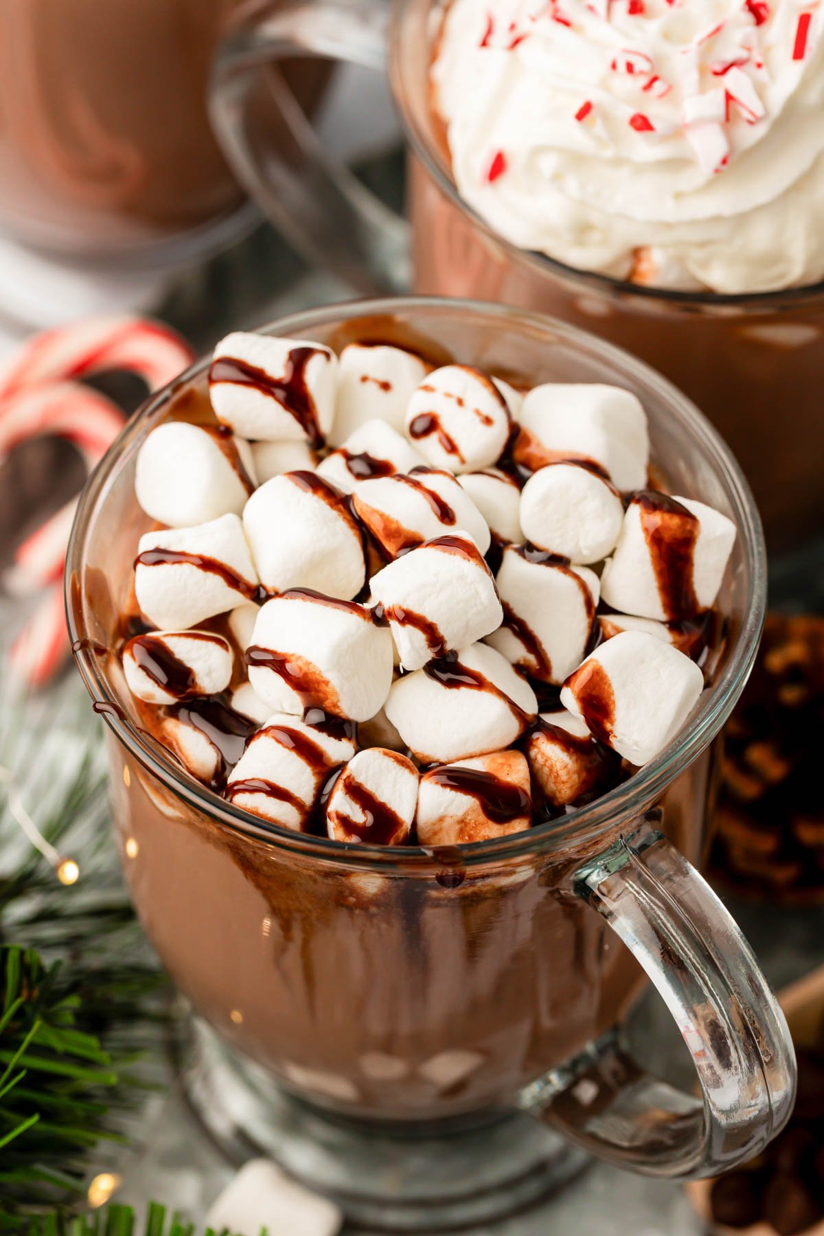 Close up of a mug of hot chocolate.