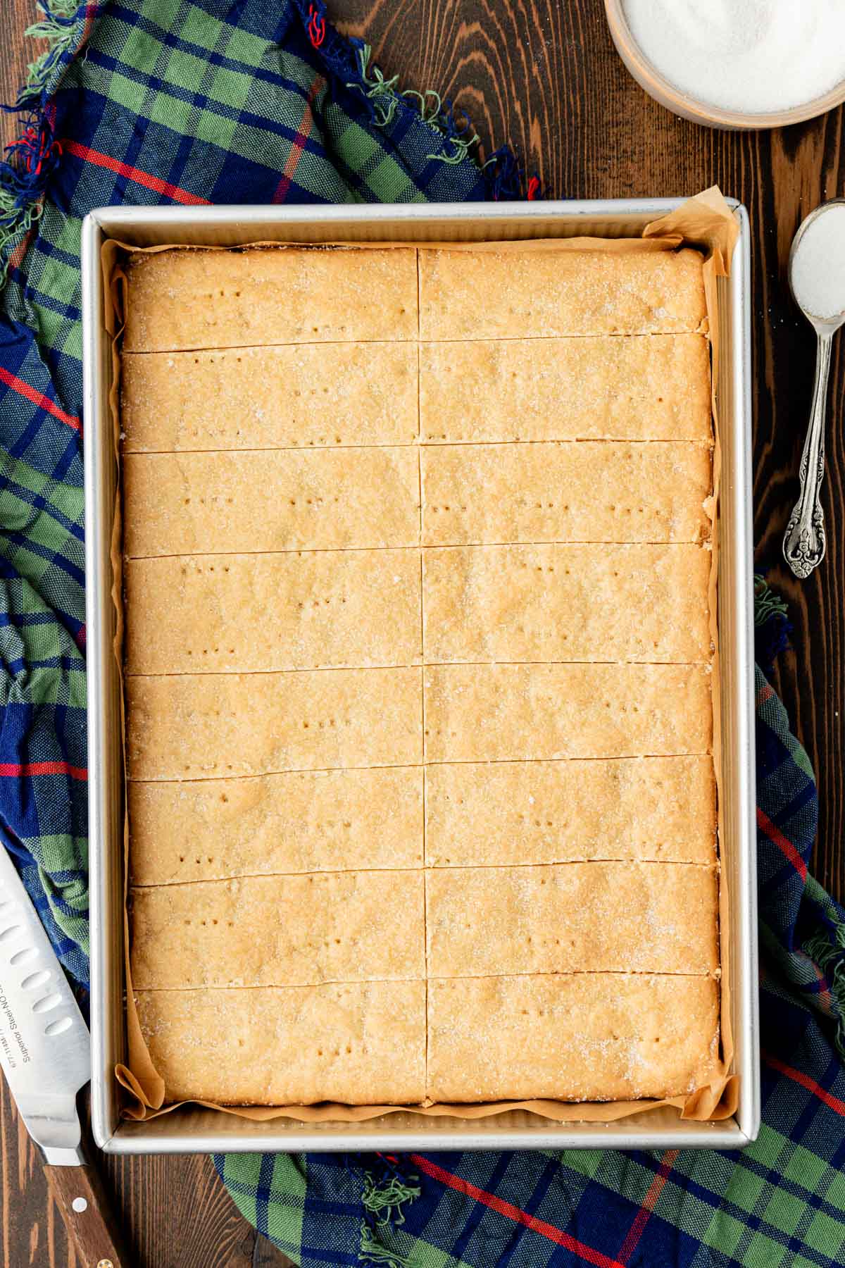 Overhead photo of a 9x13-inch pan of shortbread biscuits.