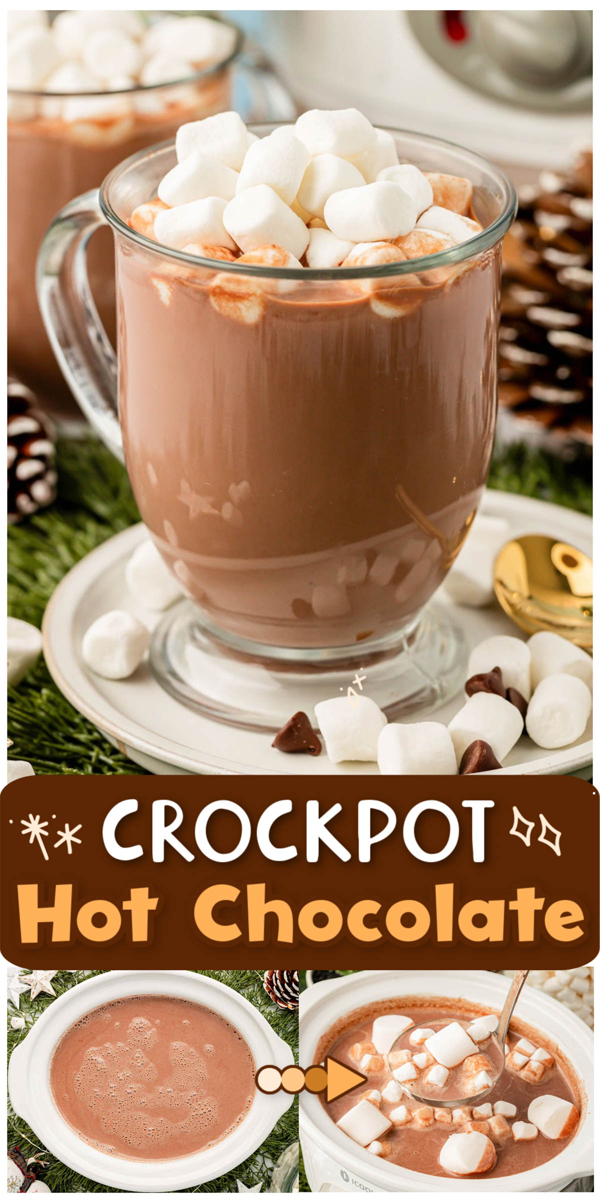 Crockpot Hot Chocolate is made with heavy cream, milk, sweetened condensed milk, chocolate, cocoa powder, and vanilla for the perfect hot drink for holiday parties and gatherings. via @sugarandsoulco