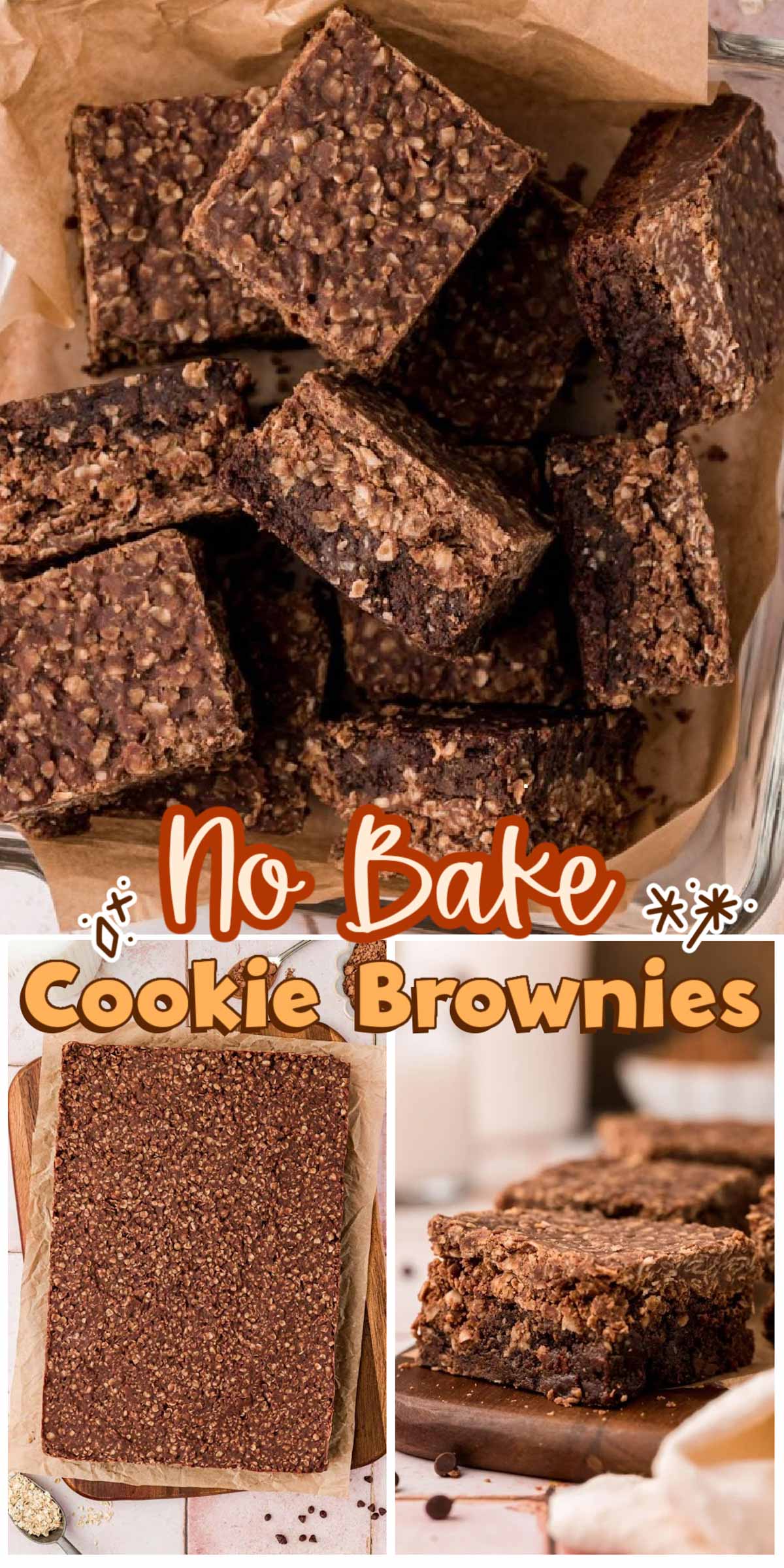 No Bake Cookie Brownies are made with a homemade fudgy brownie layer that's topped with chewy oat based no bake cookies! A great after-dinner treat, potluck dessert, or bake sale contribution! via @sugarandsoulco
