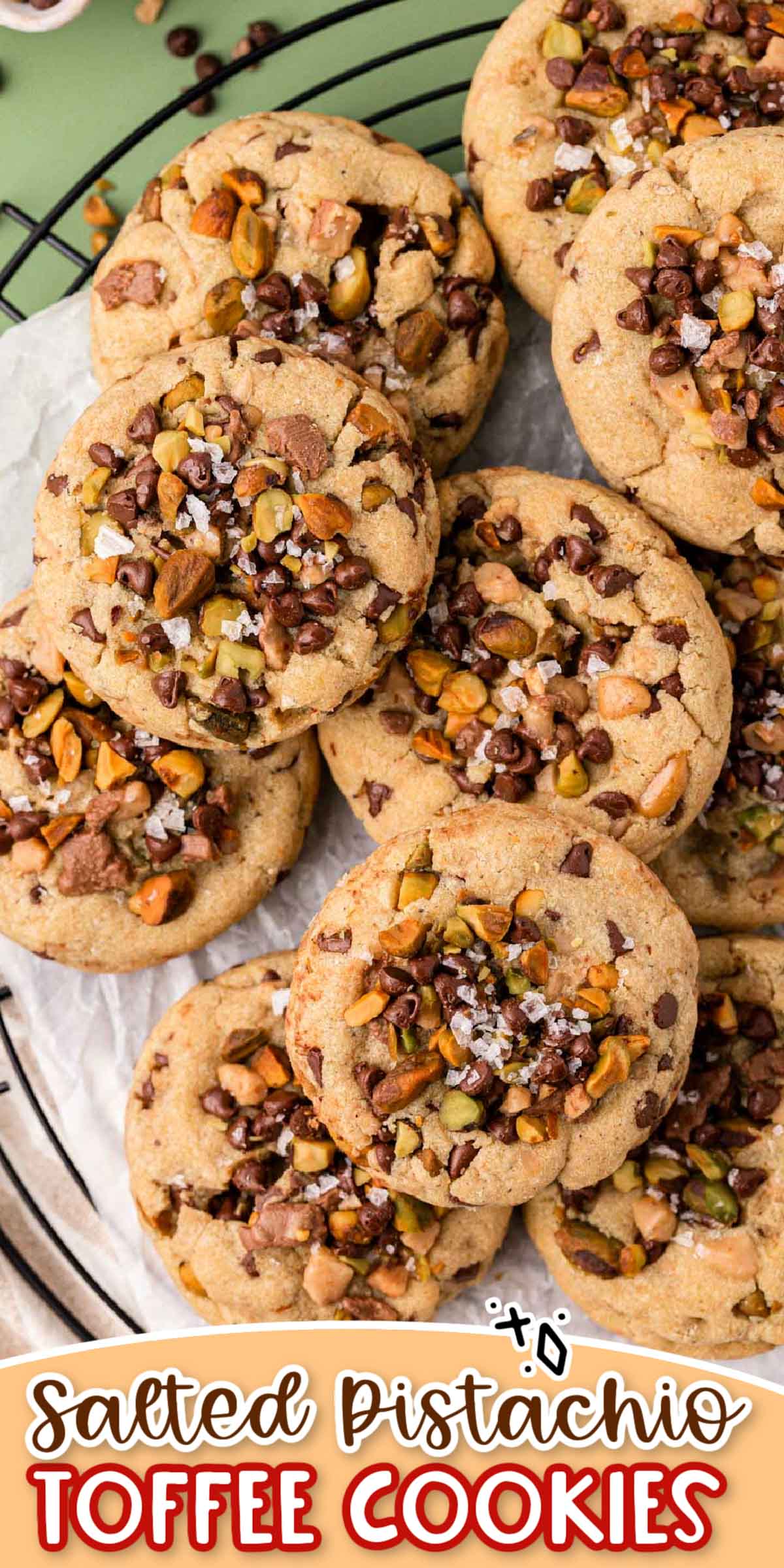 You will love these oversized Salted Pistachio Toffee Chocolate Chip Cookies loaded with salty, sweet flavor! A Gideon's Bakehouse favorite you can make right at home in under an hour using simple ingredients! via @sugarandsoulco
