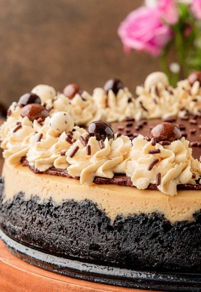 Close up of a coffee cheesecake on a wooden cake stand.