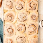 Overhead photo of cinnamon rolls in a pan.