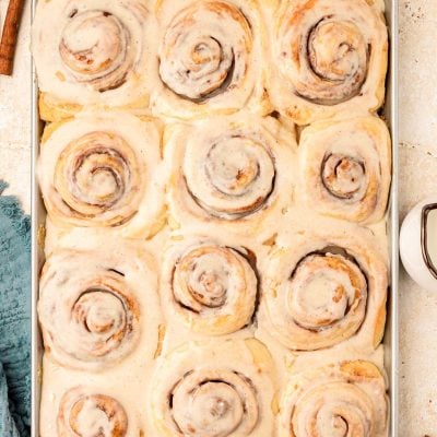 Overhead photo of cinnamon rolls in a pan.