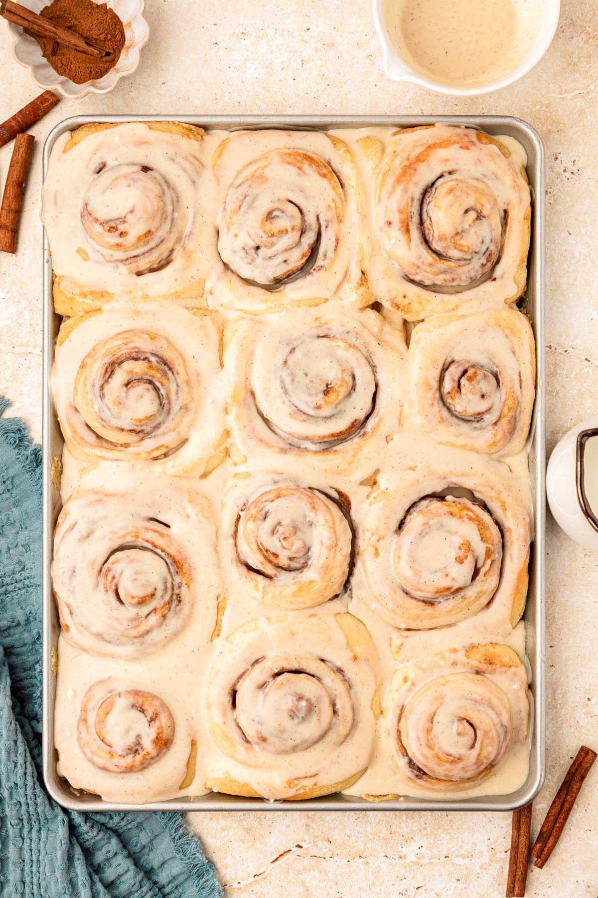 Overhead photo of cinnamon rolls in a pan.