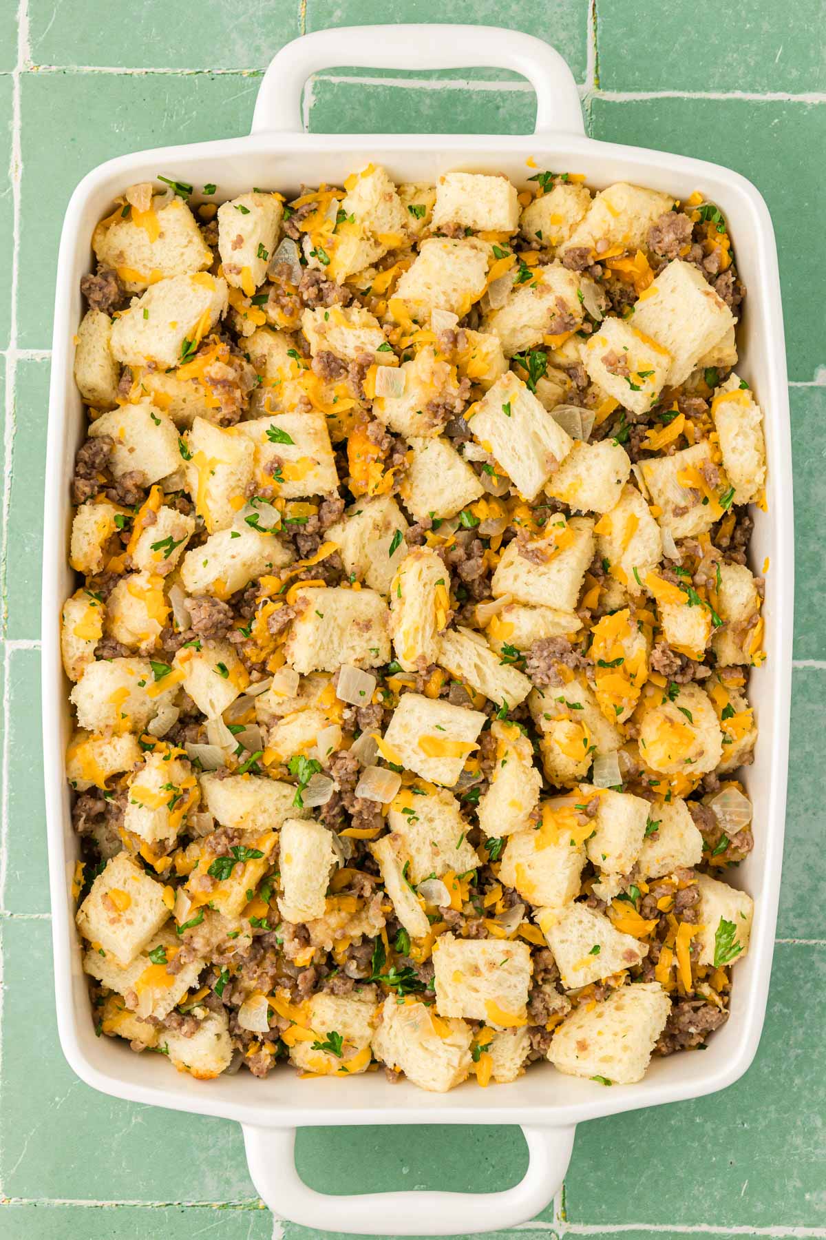 Dry ingredients for breakfast strata in a baking pan.