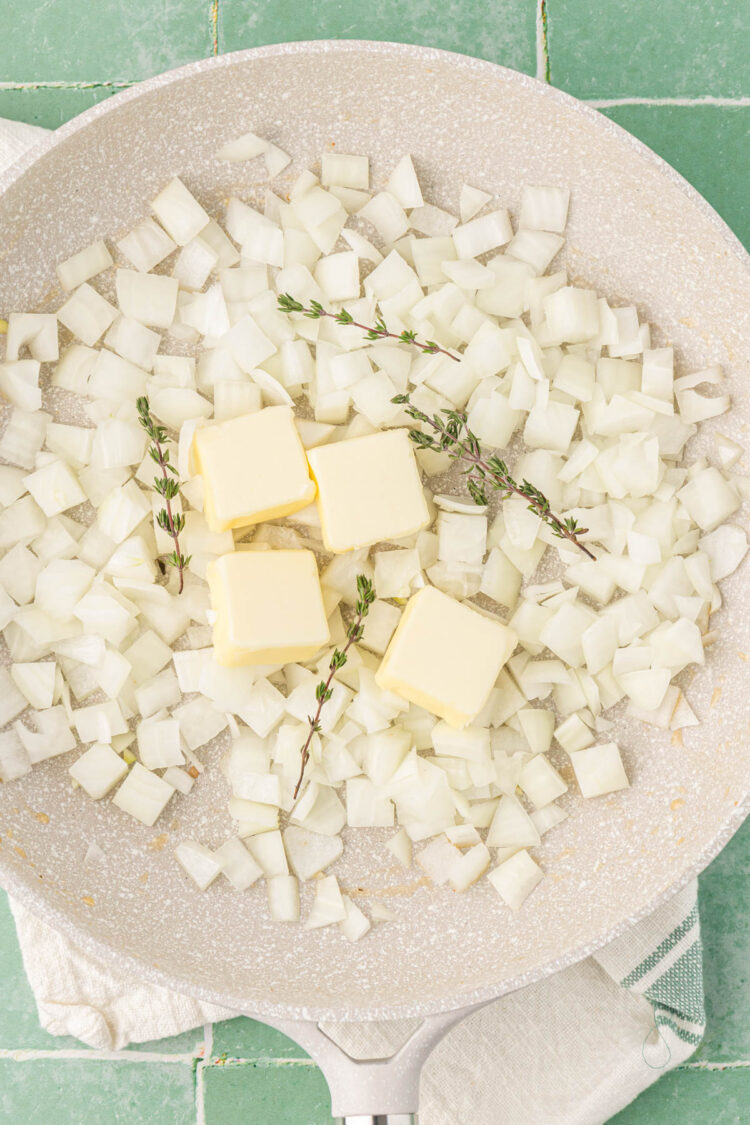 Diced onion, thyme, and butter in a skillet. 