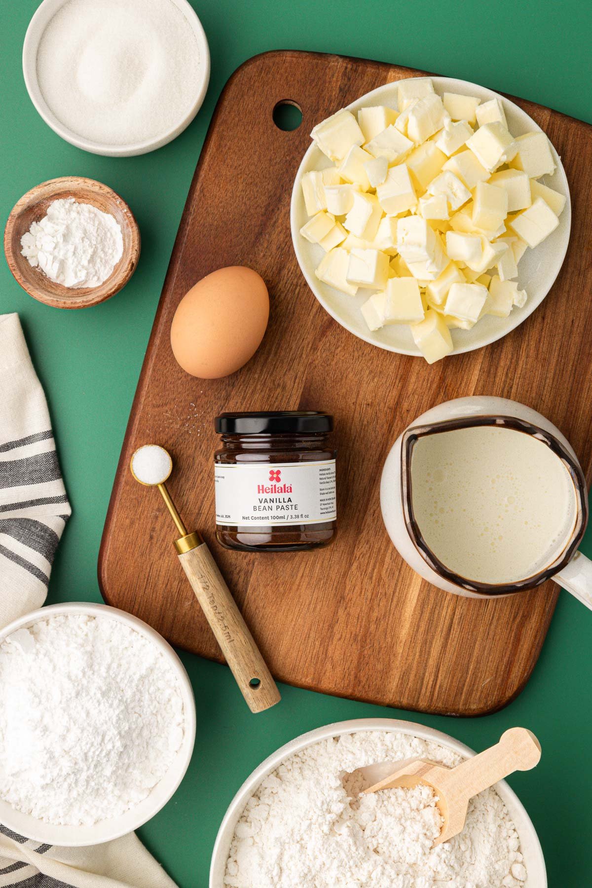 Overhead photo of ingredients to make starbucks vanilla bean scones at home.