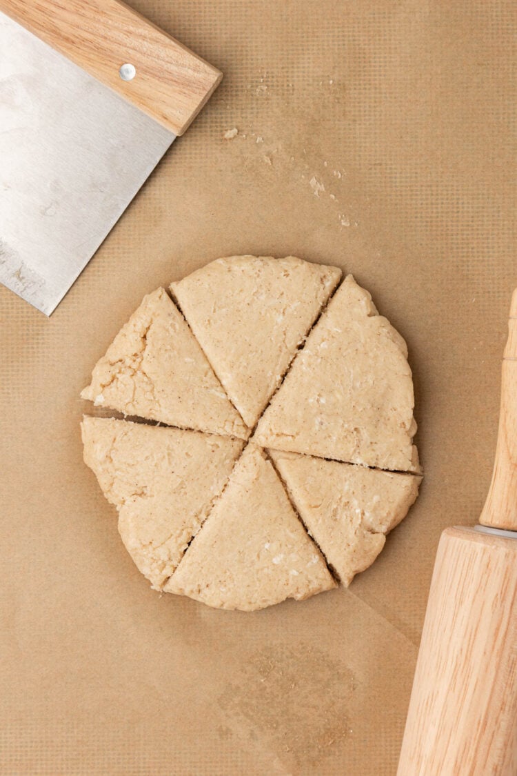 Scones cut into triangles from a disc.