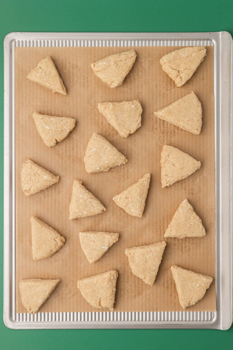 Overhead photo of mini scones on a parchment lined baking sheet.