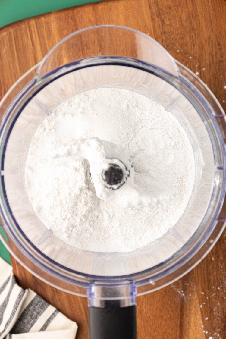 Dry ingredients to make scones in a food processor.