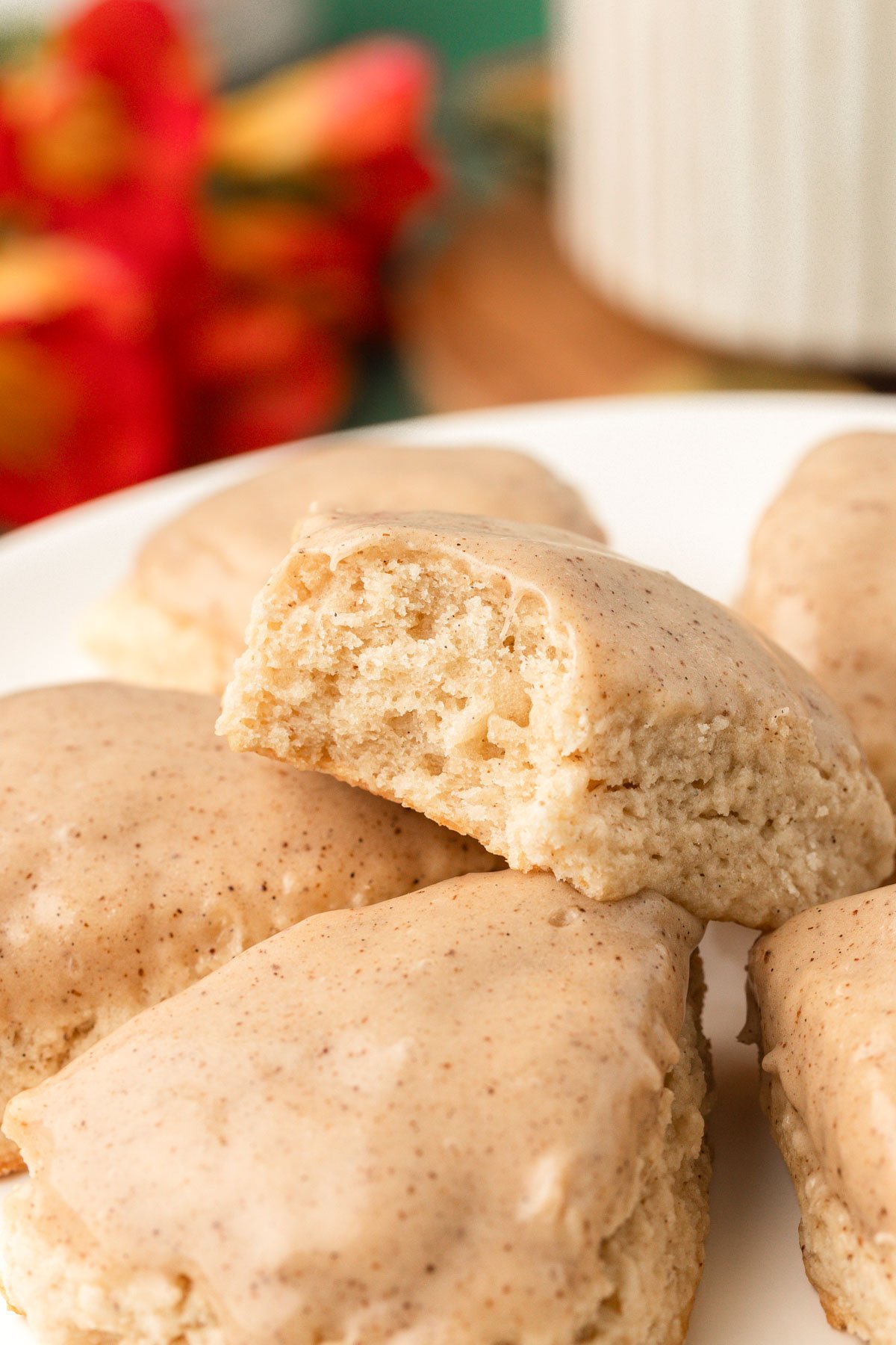 Mini vanilla scones on a white plate.