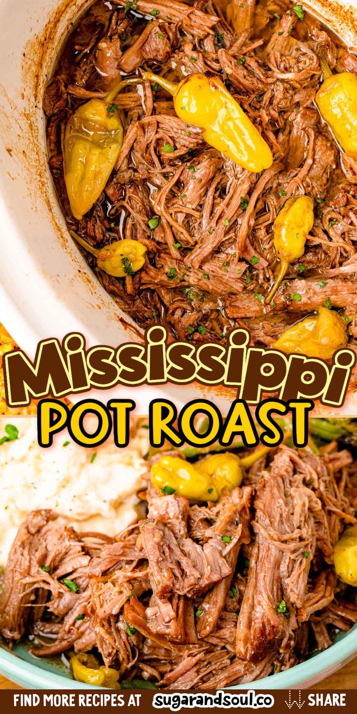 This Slow Cooker Recipe for Mississippi Pot Roast has the most tender, flavor-packed meat you'll ever taste! Seared chuck roast cooked low and slow with pepperoncini peppers yields melt-in-your-mouth beef for a meal made quickly with simple ingredients and only 10 minutes of hands-on prep! via @sugarandsoulco