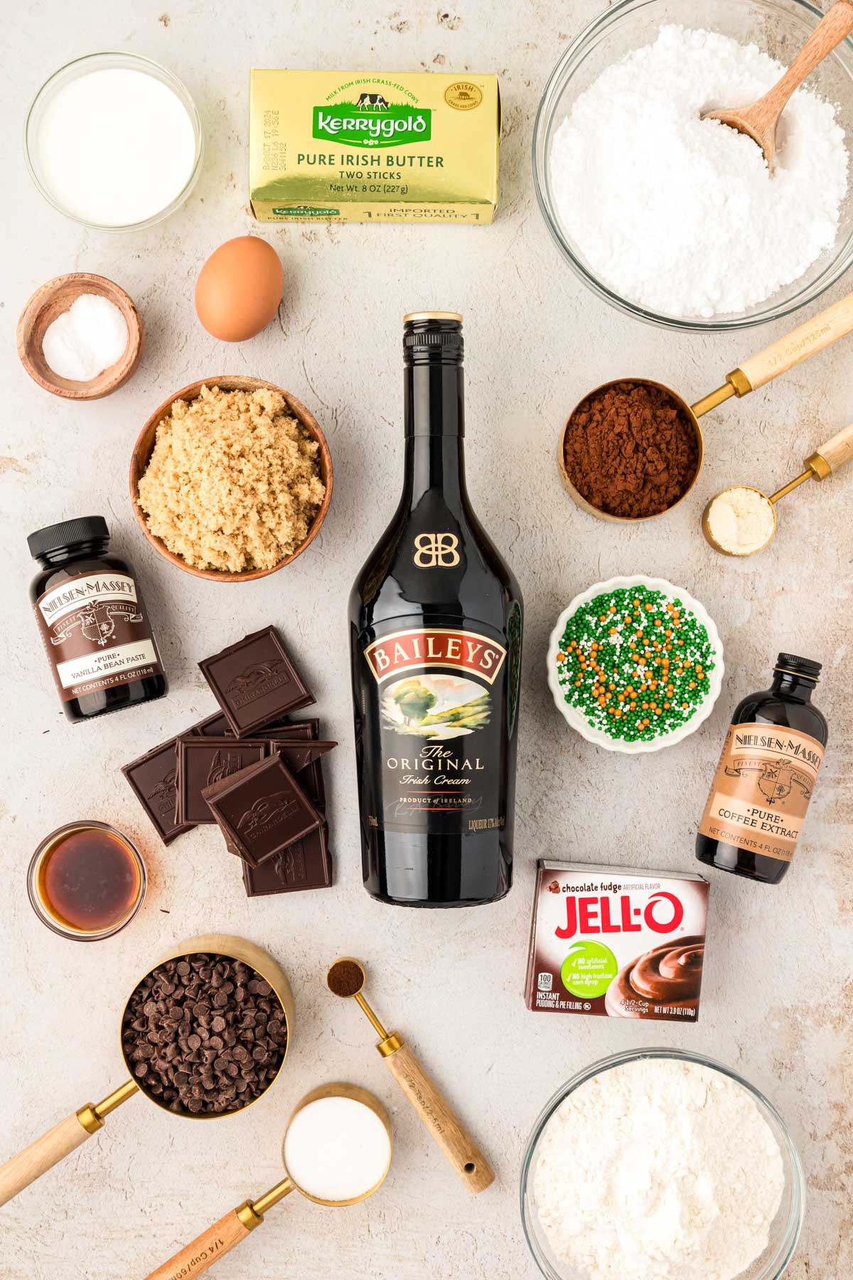 Overhead photo of ingredients to make Irish Coffee Cookies on a table.