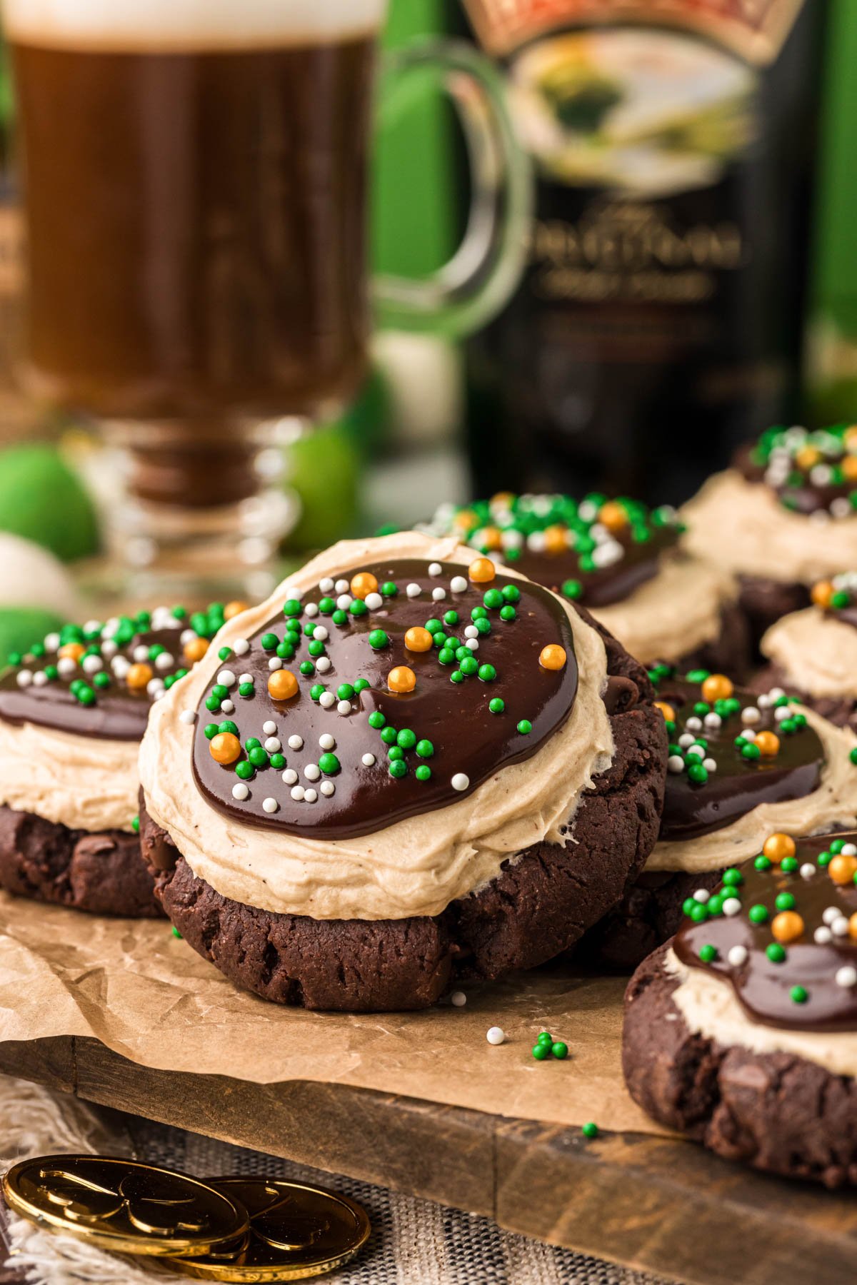 Irish Cream chocolate cookies on a piece of parchment paper. 