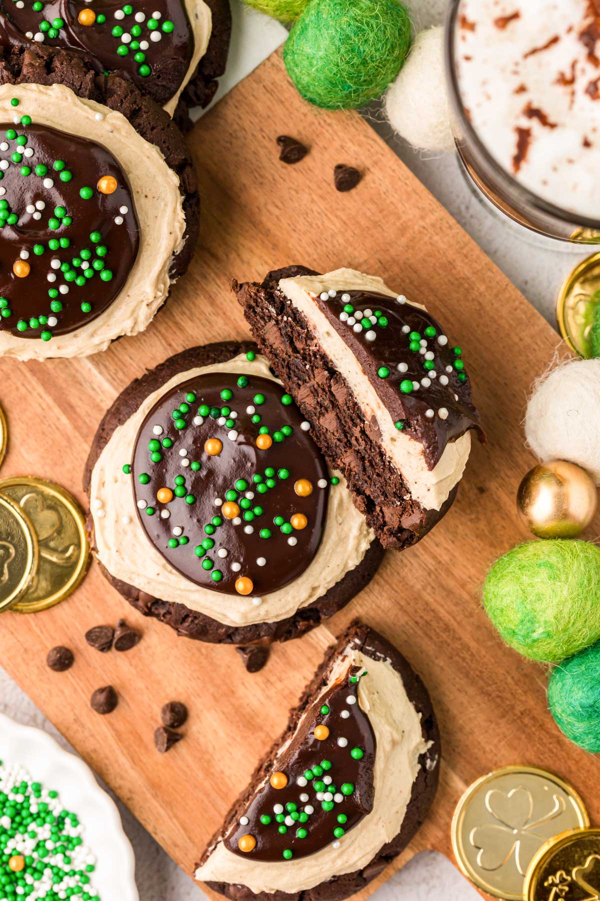 Overhead photo of Irish cream coffee cookies on a wooden cutting board.