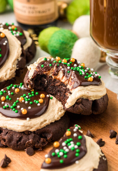 Close up of Irish Coffee Cookies on a piece of parchment. One is missing a bite.