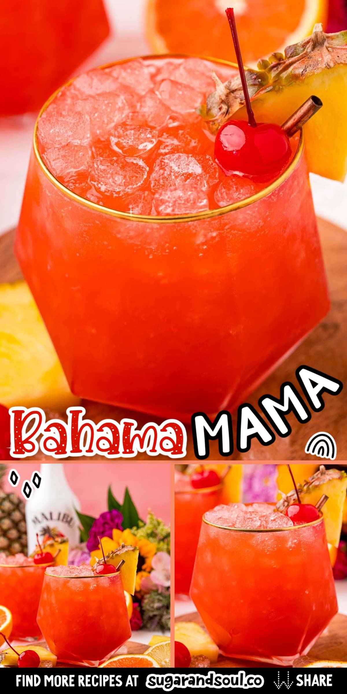 This Bahama Mama Cocktail is overflowing with tropical flavor that will have you dreaming of sunshine, summertime, and your favorite beach! Made with two kinds of rum, orange and pineapple juice, and grenadine for a flavor-packed island cocktail! via @sugarandsoulco