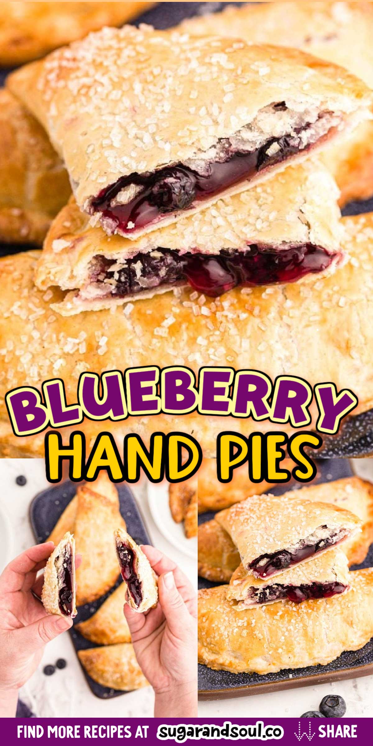 Blueberry Hand Pies are bursting with juicy blueberry filling and baked to a beautiful golden brown, all made easy using store-bought ingredients! via @sugarandsoulco