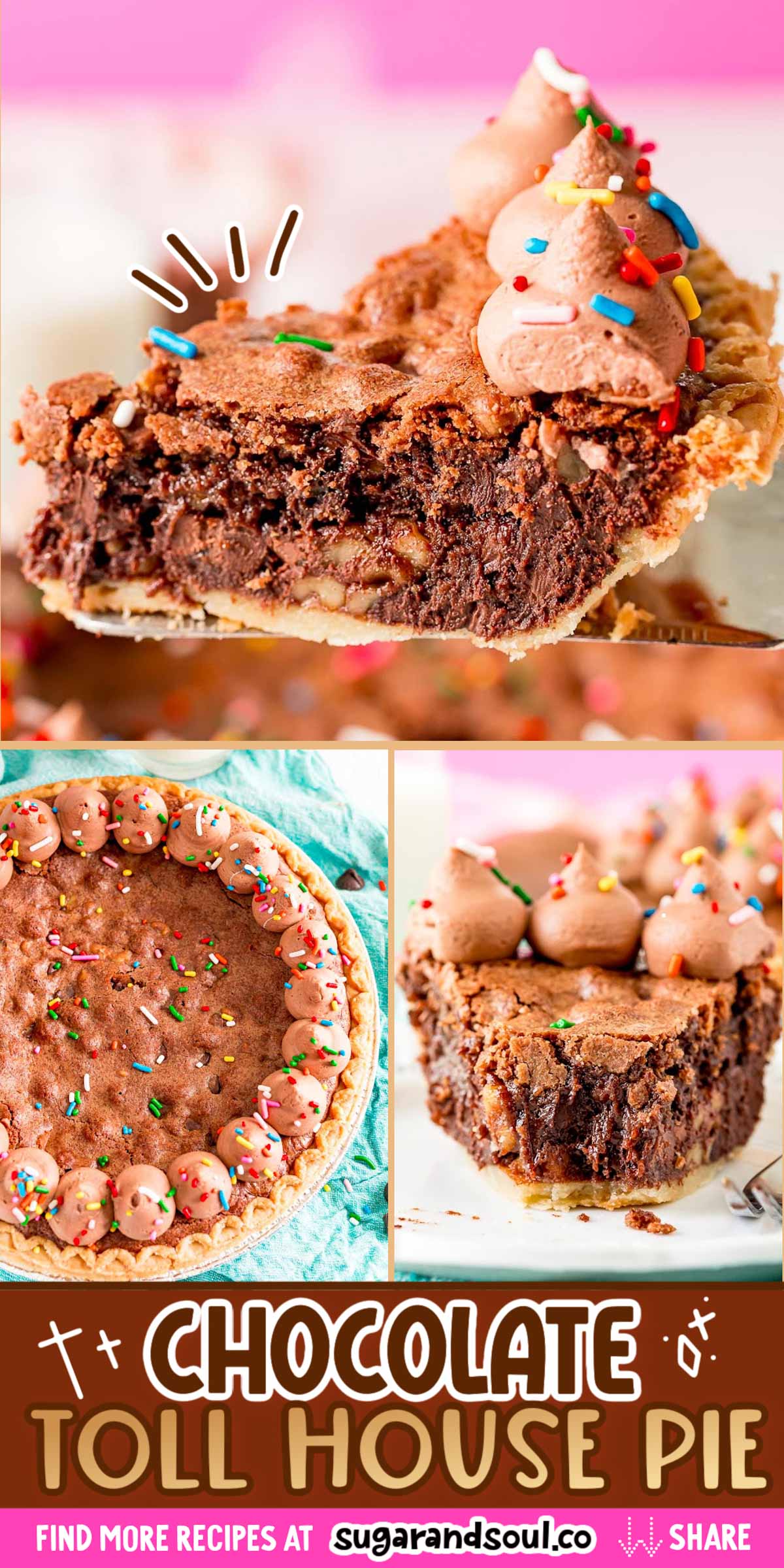 Chocolate Toll House Pie consists of a chocolate cookie filling on a buttery pie crust. Loaded with chocolate chips and walnuts, it tastes delicious served warm with whipped cream or vanilla ice cream.  via @sugarandsoulco