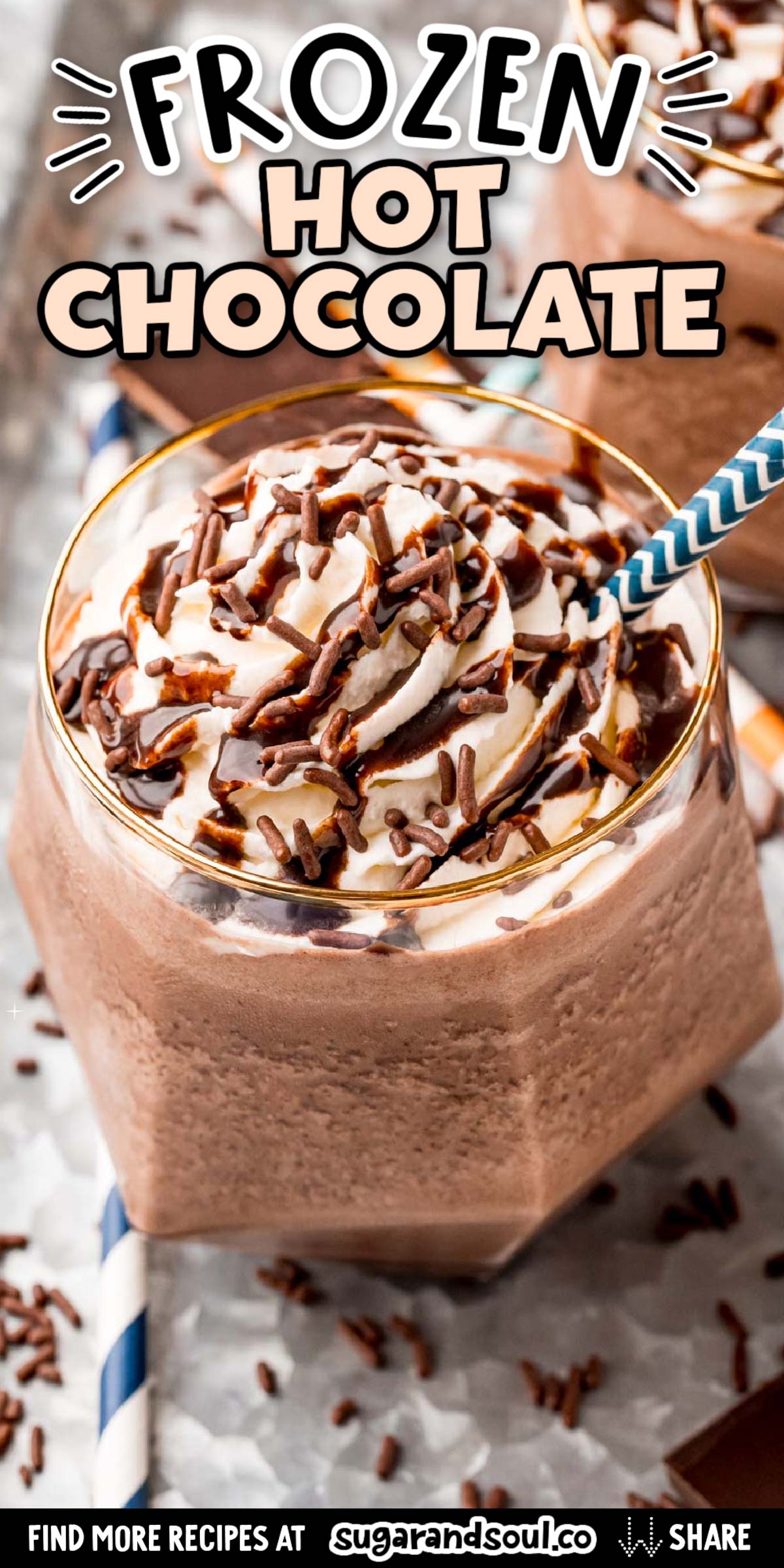 Frozen Hot Chocolate is loaded with the rich chocolaty flavor you love about hot cocoa but in frozen form making it the perfect Summer treat! This quickly comes together in just 5 minutes using only 5 ingredients! via @sugarandsoulco