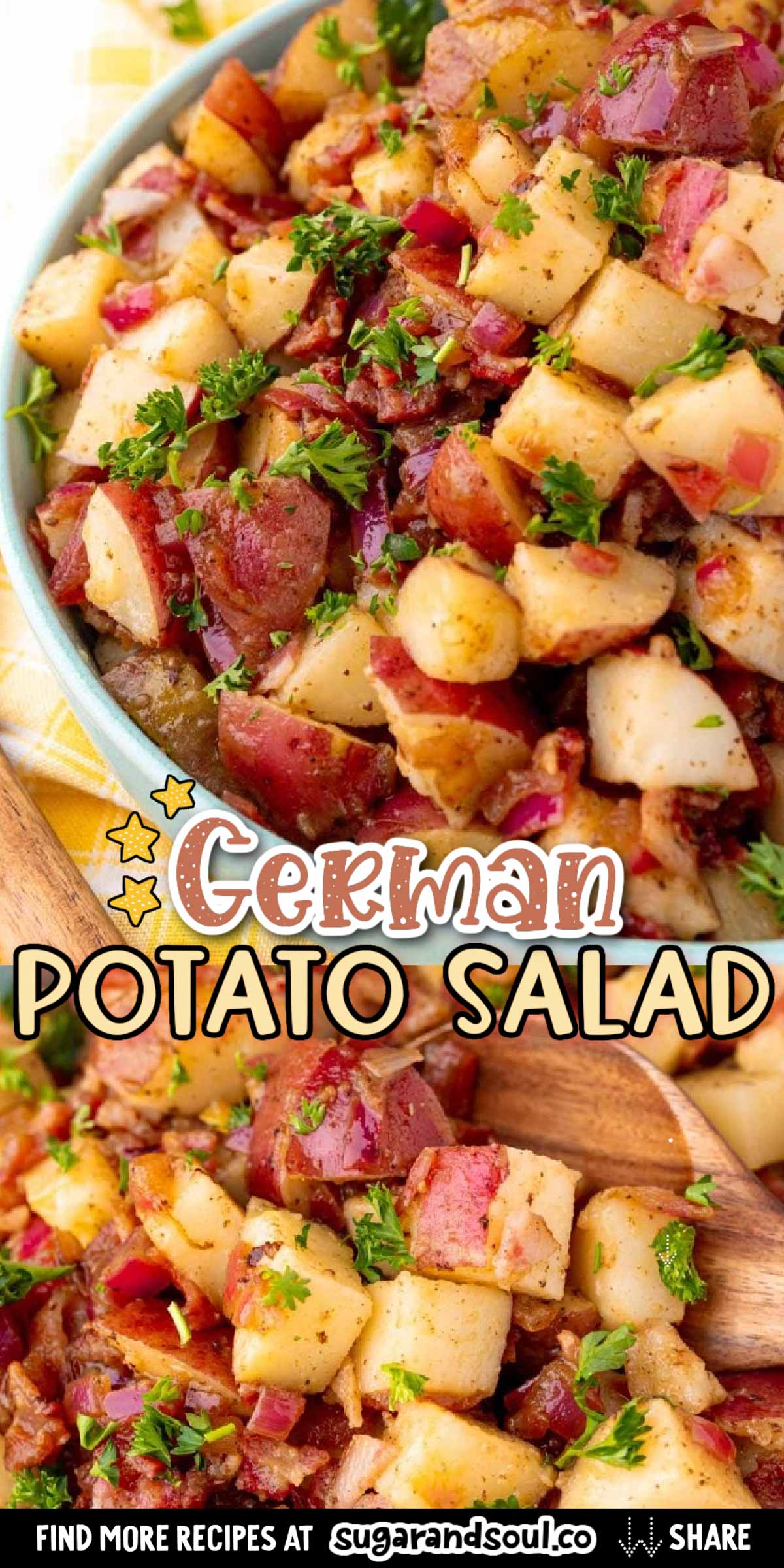 German Potato Salad is loaded with bacon, tender potatoes, red onion, dijon mustard, and more for a summer side dish that will disappear fast at any gathering! via @sugarandsoulco