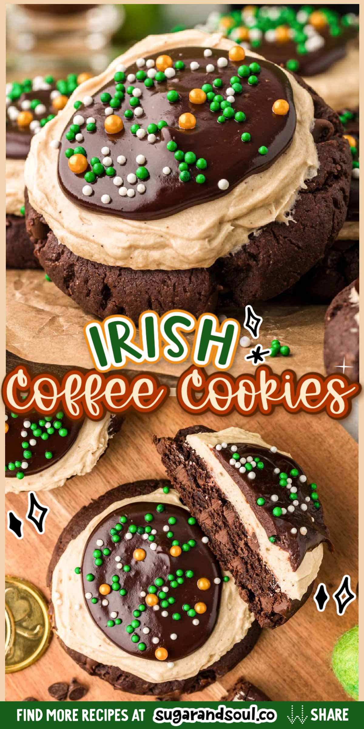 Irish Coffee Cookies are a gourmet style cookie that's easy enough for everyone to make while still being a mind-blowingly delicious treat! Three simple, delicious layers with zero cookie dough chilling and options for substitutions and variations! via @sugarandsoulco