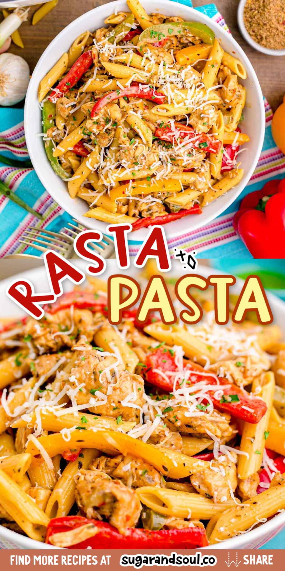 Rasta Pasta is loaded with tender chunks of chicken, bell peppers, and jerk seasoning for a quick delicious meal that's ready in just 30 minutes! via @sugarandsoulco