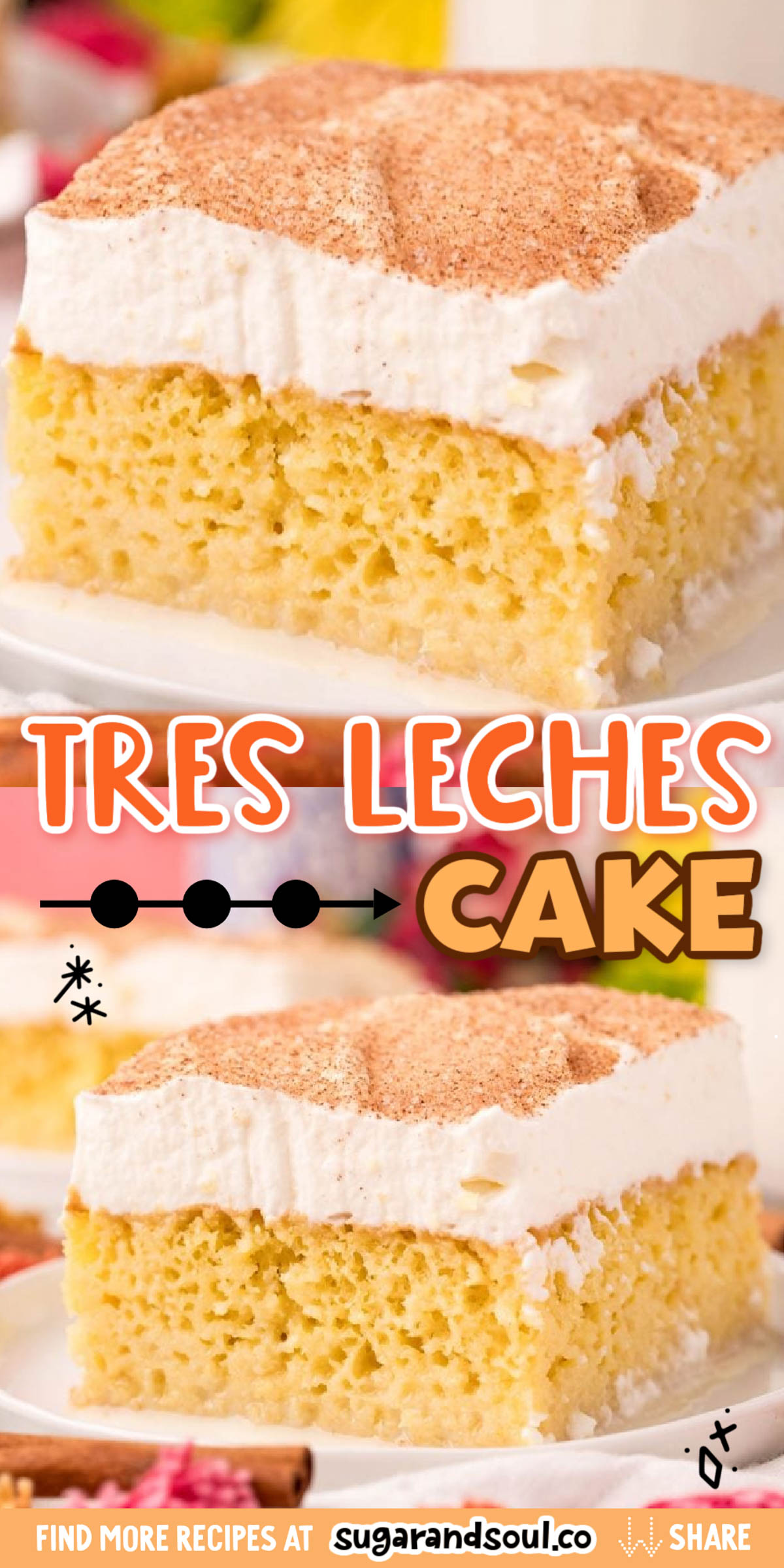 This classic Tres Leches Cake is the pride and joy of Latin America, and utterly delicious in its simplicity. A light vanilla sponge cake is soaked with a mixture of three milks, then topped with a thick layer of whipped cream and a sprinkle of cinnamon sugar. via @sugarandsoulco