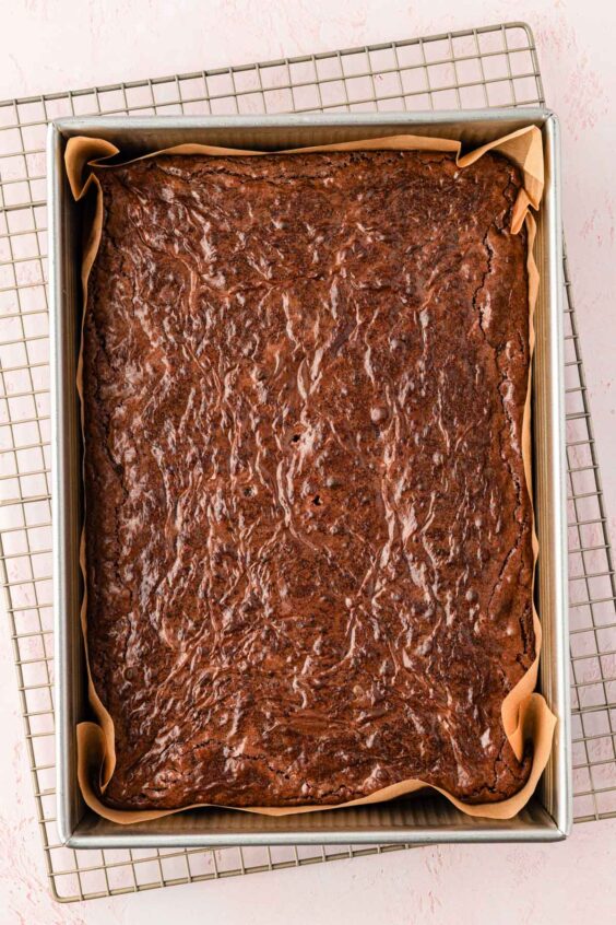 Baked brownies cooling in a pan on a wore rack.