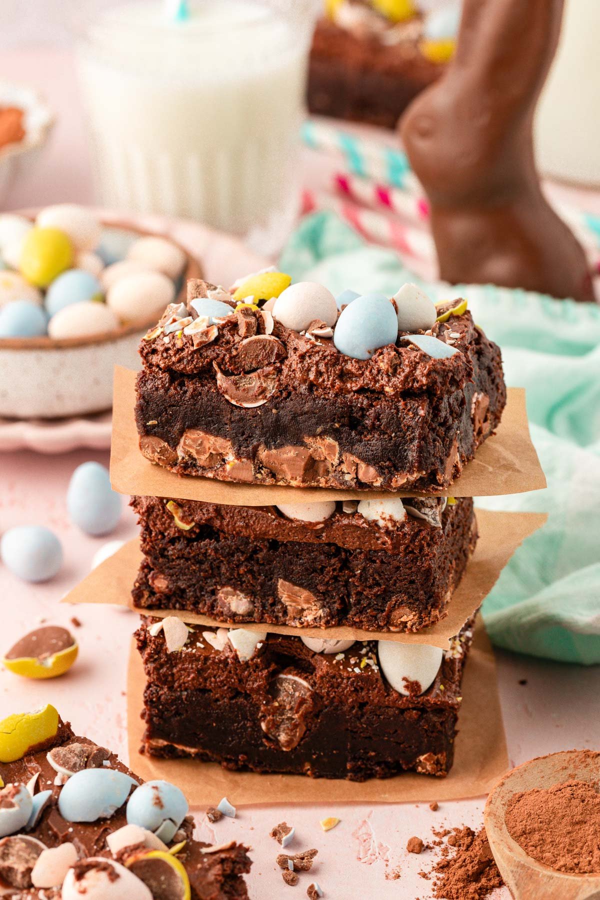 Close up of a stack of three Cadbury Egg Brownies.