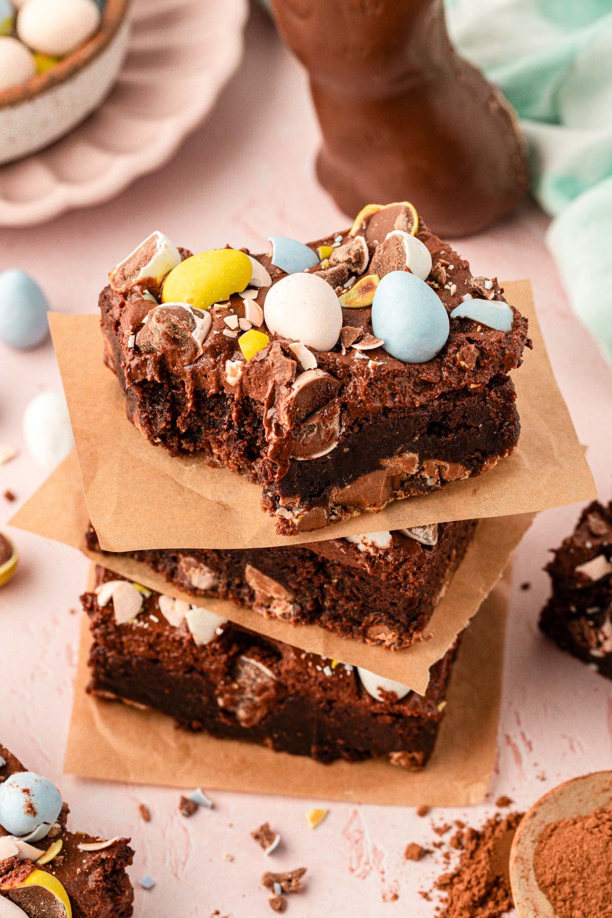 A stack of three Cadbury Egg Brownies on a table.