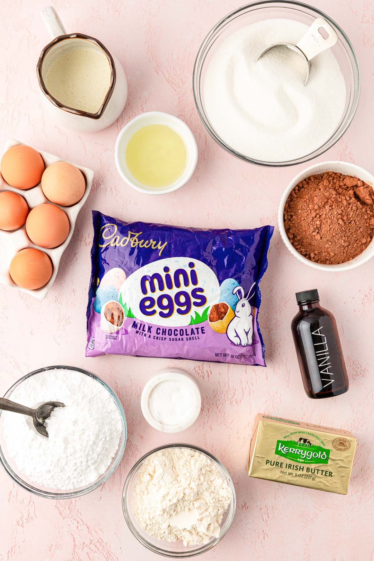 Overhead photo of ingredients to make Cadbury Egg Brownies on a table.
