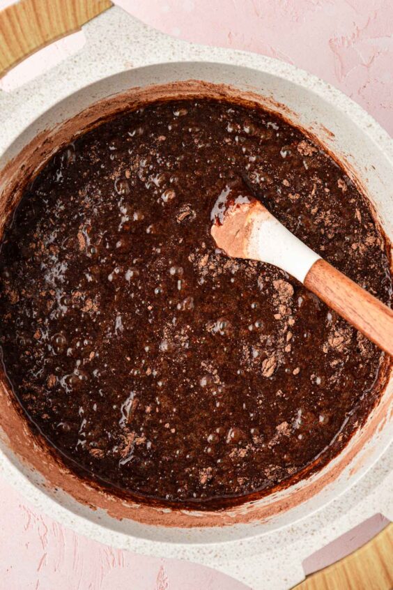 Brownie batter in a pot.