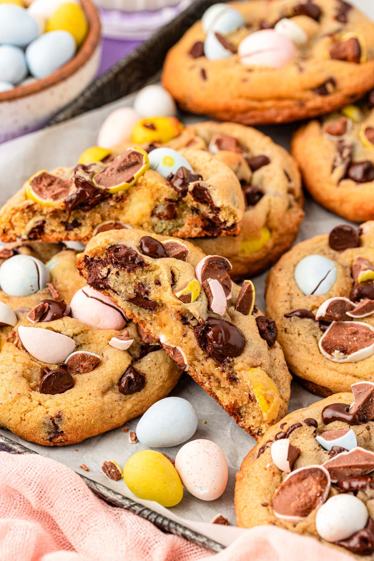 Close up of a plate of cadbury egg cookies.