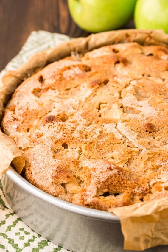 Baked apple cake in a pan.