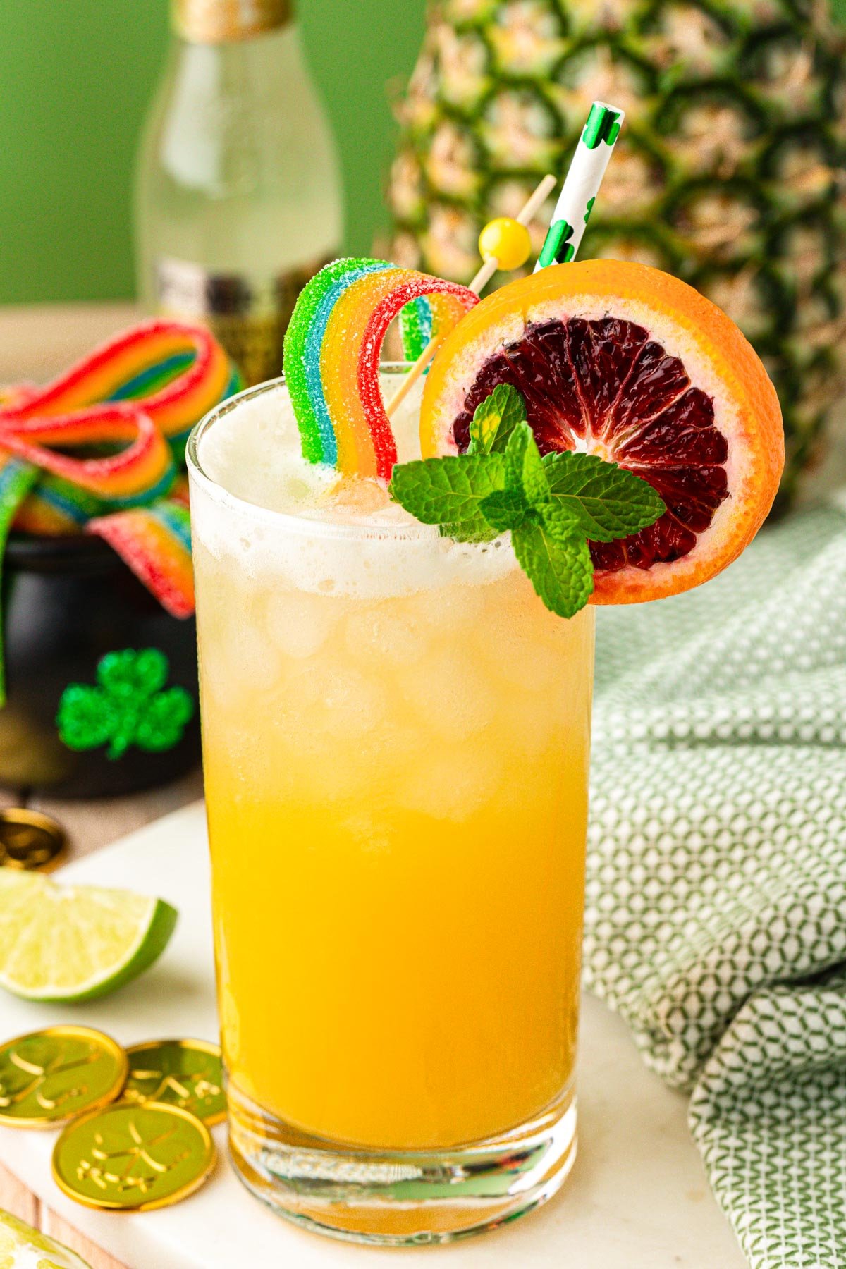 Close up of a pot of gold mocktail drink.