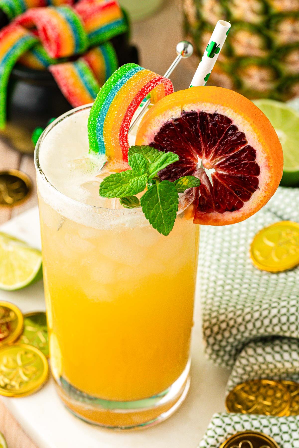 Close up of a pot of gold st. Patrick's day drink recipe.