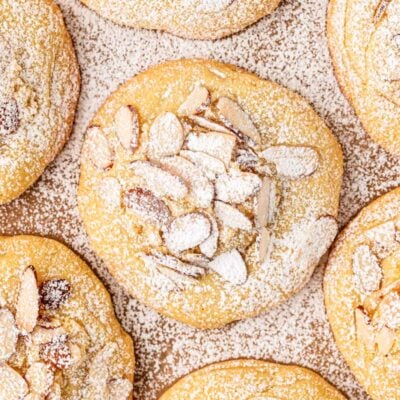 Overhead of a pan of almond croissant cookies.