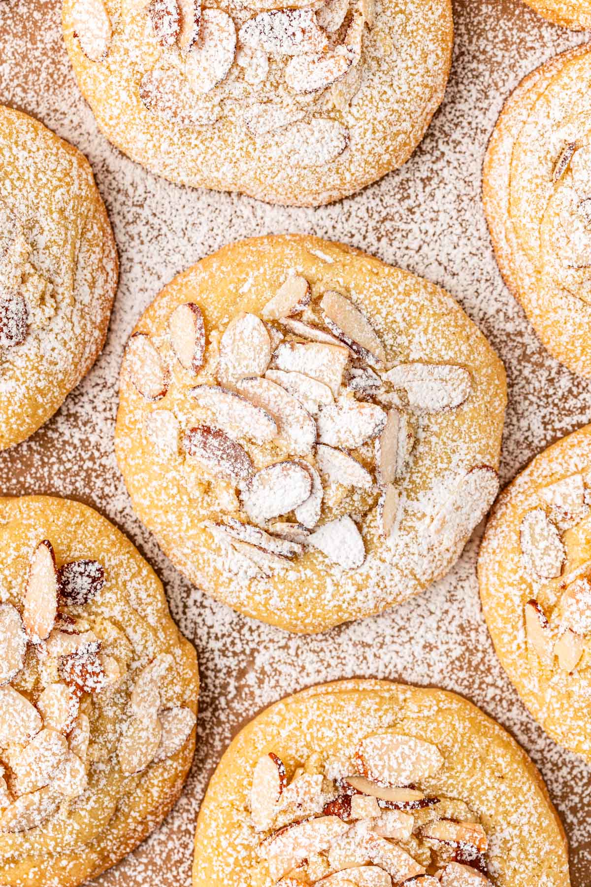 Overhead of a pan of almond croissant cookies.