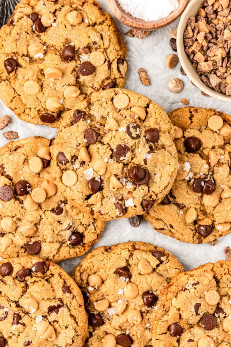 Overhead photo of homemade Mom's Recipe Crumbl Cookies on a piece of parchment paper.