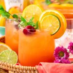 Close up of a glass filled with summer party punch.