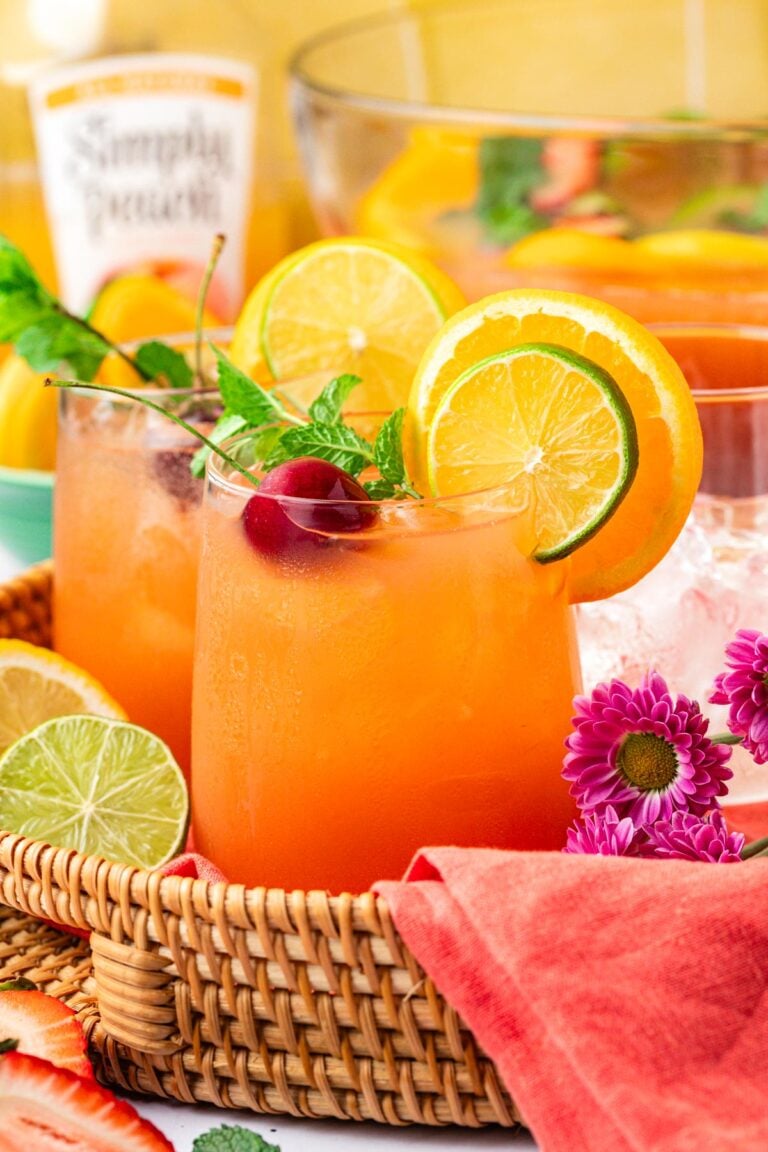 Close up of a glass filled with summer party punch.