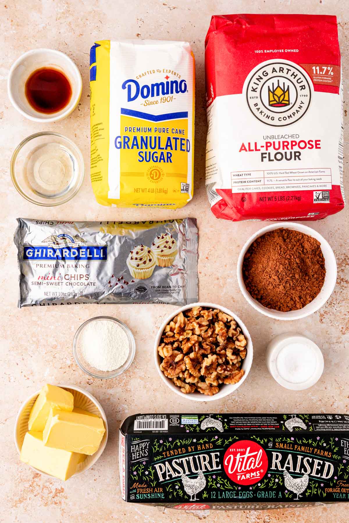 Overhead photo of ingredients to make brownies with walnuts.